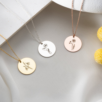 Personalized 14K Gold Birth Flower Necklace for November, Sterling Silver Engraved Jewelry, Dainty Gifts for Mom