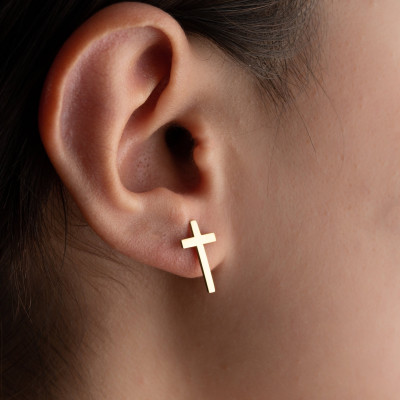 14K Gold Minimalist Tiny Cross Stud Earrings Christian Religious Jewelry