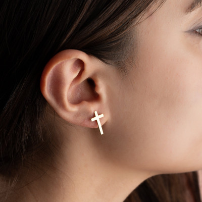 14K Gold Minimalist Tiny Cross Stud Earrings Christian Religious Jewelry