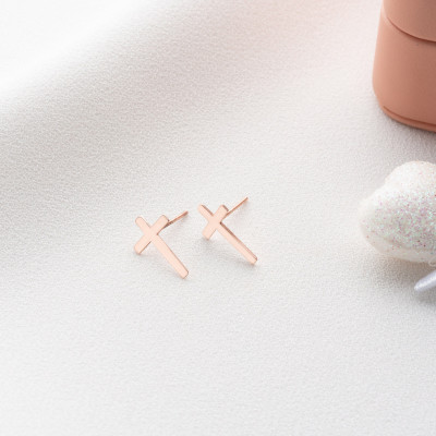 14K Gold Minimalist Tiny Cross Stud Earrings Christian Religious Jewelry