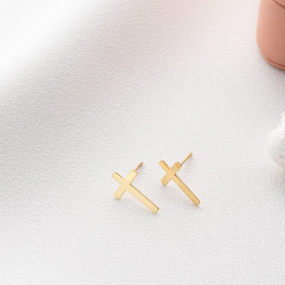 14K Gold Minimalist Tiny Cross Stud Earrings Christian Religious Jewelry