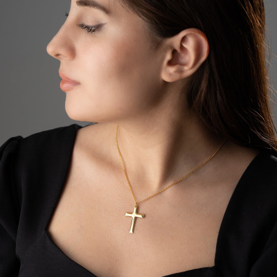 14K Gold and Sterling Silver Cross Necklace for Women - Christian Religious Curb Chain Baptism Gift