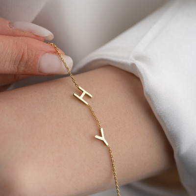 14K Gold Custom Initial Bracelet for Mom - Dainty Sideways Letter Charm Gift