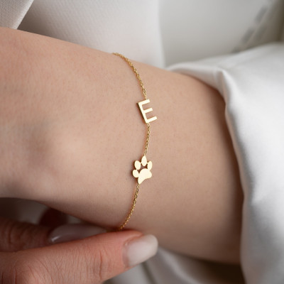 14K Solid Gold Personalized Initial Bracelet for Moms - Dainty Charm Bracelet with Paw Print - Dog Mom Gifts