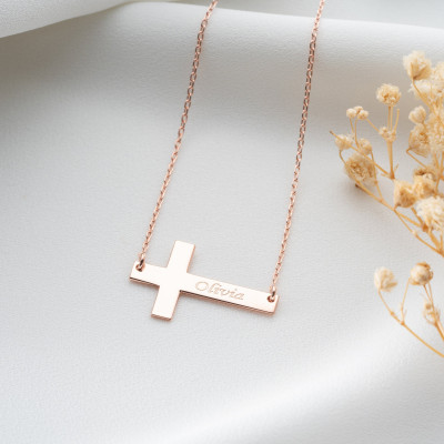 14k Gold Cross Pendant Necklace for Women - Silver or Rose Gold Personalized Name Crucifix - Dainty Christmas Gift