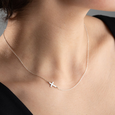 14k Gold & Sterling Silver Sideways Cross Necklace for Women - Dainty Christmas Gift Pendant - Small Tiny Cross Necklace