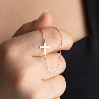 14k Gold & Sterling Silver Sideways Cross Necklace for Women - Dainty Christmas Gift Pendant - Small Tiny Cross Necklace