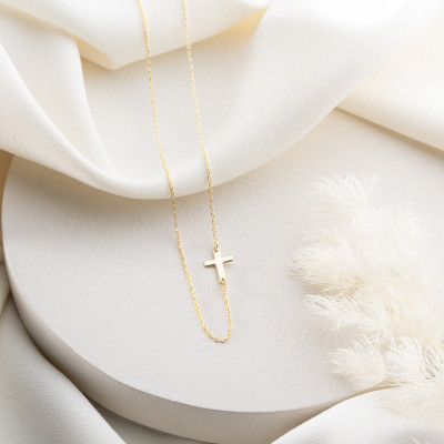 14k Gold & Sterling Silver Sideways Cross Necklace for Women - Dainty Christmas Gift Pendant - Small Tiny Cross Necklace