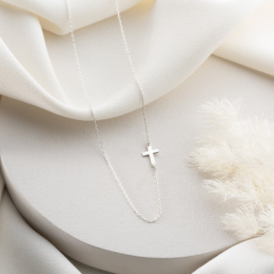 14k Gold & Sterling Silver Sideways Cross Necklace for Women - Dainty Christmas Gift Pendant - Small Tiny Cross Necklace