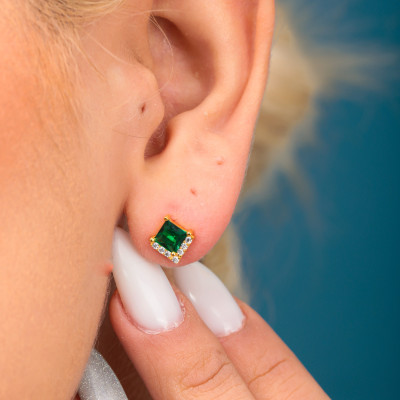 14k Gold or Silver Green Emerald Square Stud Earrings with Diamond Accents - Dainty