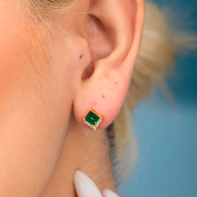 14k Gold or Silver Green Emerald Square Stud Earrings with Diamond Accents - Dainty