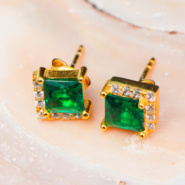 14k Gold or Silver Green Emerald Square Stud Earrings with Diamond Accents - Dainty