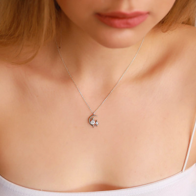 14k Gold Filled Mother and Kitten Moon Necklace with Crystal, Elegant Silver Zircon Stone Moon Necklace