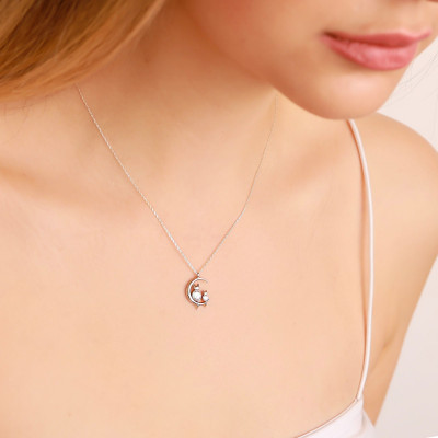 14k Gold Filled Mother and Kitten Moon Necklace with Crystal, Elegant Silver Zircon Stone Moon Necklace