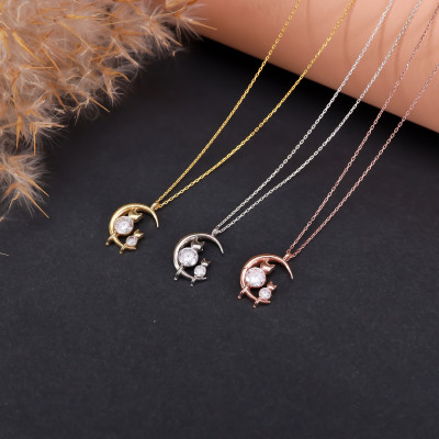 14k Gold Filled Mother and Kitten Moon Necklace with Crystal, Elegant Silver Zircon Stone Moon Necklace