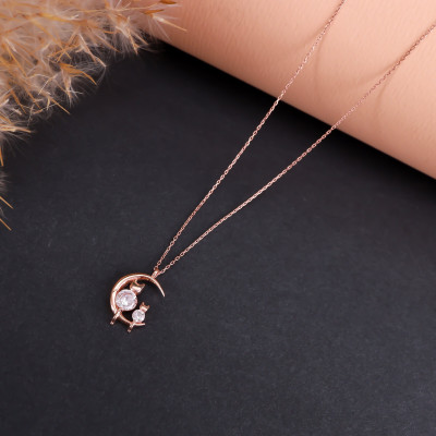 14k Gold Filled Mother and Kitten Moon Necklace with Crystal, Elegant Silver Zircon Stone Moon Necklace