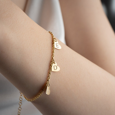 14k Gold Heart Initial Bracelet - Custom Silver Heart Initial Bracelet for Her - Personalized Love Charm Bracelet for Mom