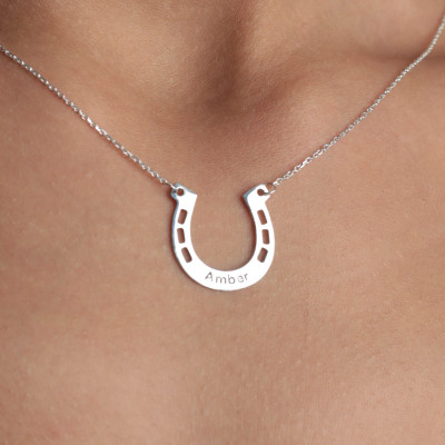 Personalized 14k Gold Engraved Horseshoe Name Necklace - Custom Name Plate Jewelry for Horse Lovers, Kids Gift