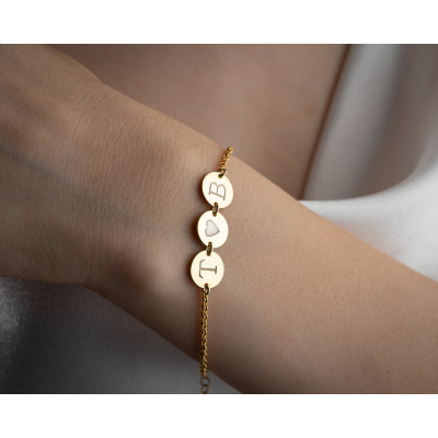 Personalized 14k Gold and Silver Multiple Disc Initial Charm Bracelet for Her -