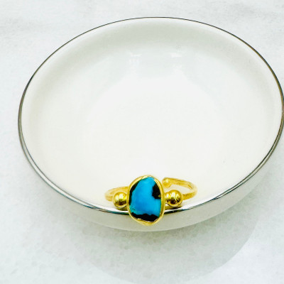 14k Gold Plated Adjustable Blue Natural Opal Gemstone Ring for Men and Women Mother's Day Gift