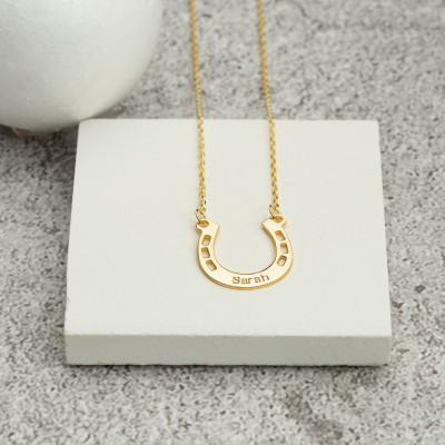 14k Gold Personalized Horseshoe Necklace, Custom Engraved Name Pendant, Christmas Gift, Real Gold