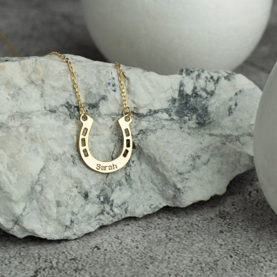 14k Gold Personalized Horseshoe Necklace, Custom Engraved Name Pendant, Christmas Gift, Real Gold