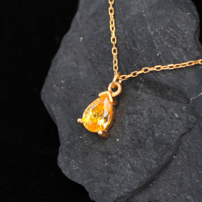 14k Solid Gold Citrine Teardrop Necklace - 13th Anniversary Gift for Her, November Birthstone Jewelry