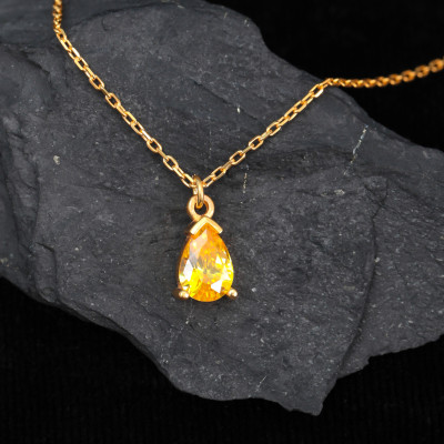 14k Solid Gold Citrine Teardrop Necklace - 13th Anniversary Gift for Her, November Birthstone Jewelry