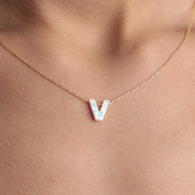 14k Solid Gold Opal Initial Necklace - 14th Wedding Anniversary Gift - White & Blue Opal Letter Jewelry - Gift for Wife or Husband -