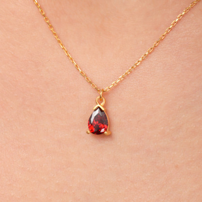 14k Solid Gold Garnet Necklace - 2nd Wedding Anniversary Gift for Wife,