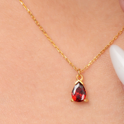 14k Solid Gold Garnet Necklace - 2nd Wedding Anniversary Gift for Wife,