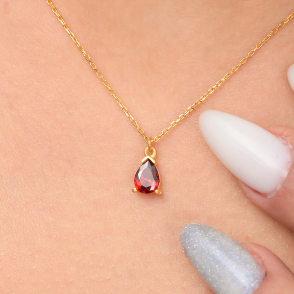 14k Solid Gold Garnet Necklace - 2nd Wedding Anniversary Gift for Wife,