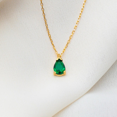 14k Solid Gold Teardrop Emerald Necklace, Real Gold Dainty Necklace, May Birthstone Jewelry