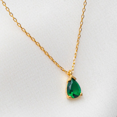 14k Solid Gold Teardrop Emerald Necklace, Real Gold Dainty Necklace, May Birthstone Jewelry