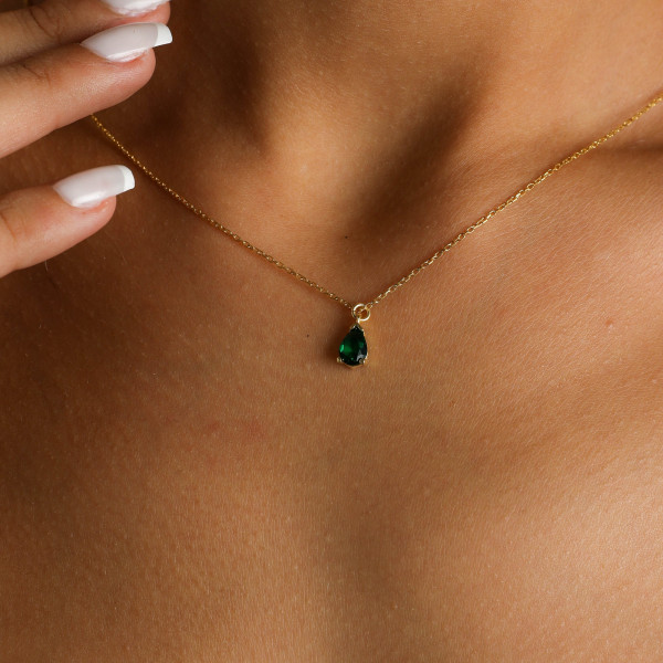 14k Solid Gold Teardrop Emerald Necklace, Real Gold Dainty Necklace, May Birthstone Jewelry