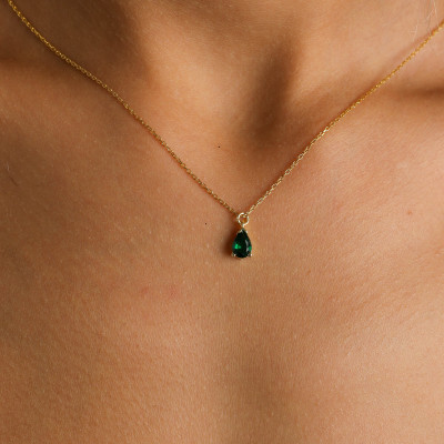 14k Solid Gold Teardrop Emerald Necklace, Real Gold Dainty Necklace, May Birthstone Jewelry