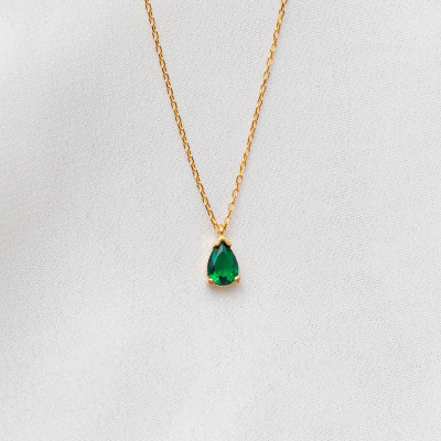 14k Solid Gold Teardrop Emerald Necklace, Real Gold Dainty Necklace, May Birthstone Jewelry