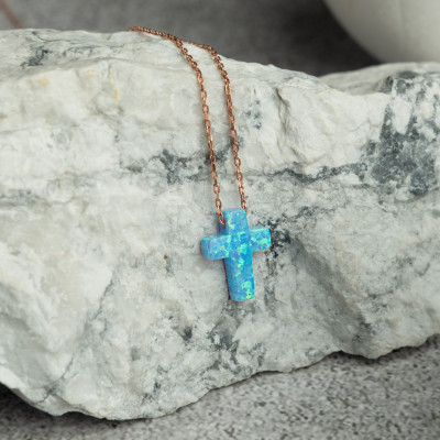 14k White Gold Opal Cross Choker Necklace - Opal Cross Pendant with Gold or Silver Chain - Ideal Christmas or Anniversary Gift -