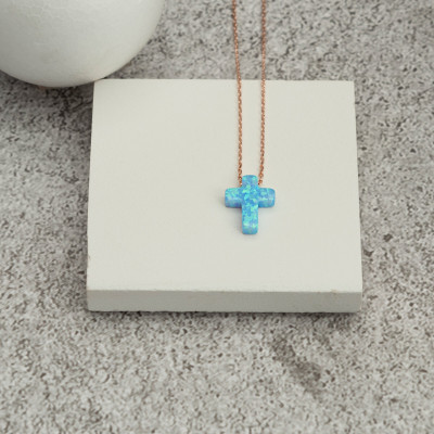 14k White Gold Opal Cross Choker Necklace - Opal Cross Pendant with Gold or Silver Chain - Ideal Christmas or Anniversary Gift -