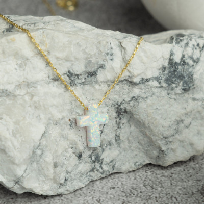 14k White Gold Opal Cross Choker Necklace - Opal Cross Pendant with Gold or Silver Chain - Ideal Christmas or Anniversary Gift -