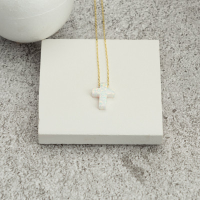 14k White Gold Opal Cross Choker Necklace - Opal Cross Pendant with Gold or Silver Chain - Ideal Christmas or Anniversary Gift -