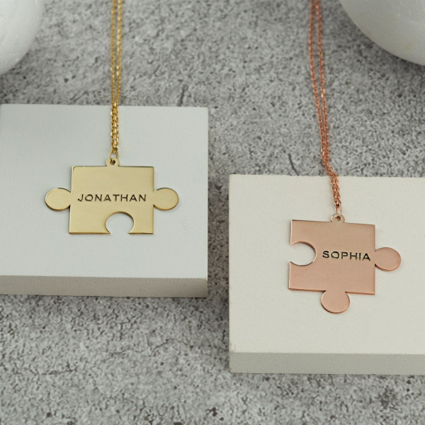 Custom Couple Name Puzzle Pendant Necklace - Personalized Matching Valentine's Gift