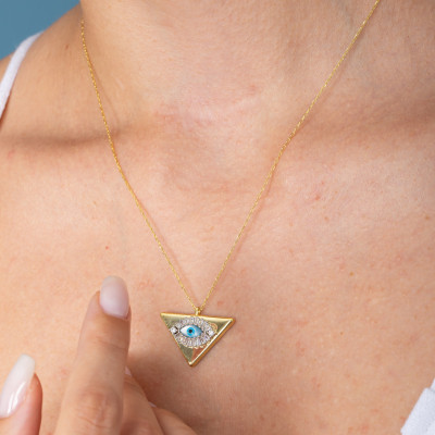 3D Evil Eye Triangle Charm Necklace with Pave Baguette CZ Crystals Nazar Protection