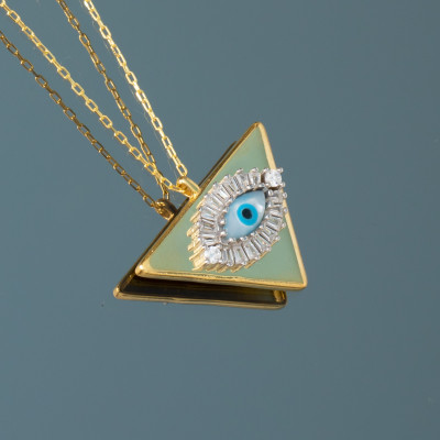 3D Evil Eye Triangle Charm Necklace with Pave Baguette CZ Crystals Nazar Protection