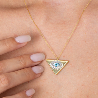 3D Evil Eye Triangle Charm Necklace with Pave Baguette CZ Crystals Nazar Protection