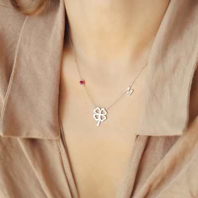 Four Leaf Clover Necklace with Initial Charm, Lucky White Stone Clover, Personalized Gift for Mom,