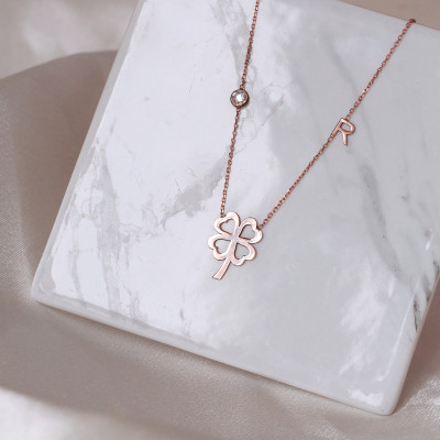 Four Leaf Clover Necklace with Initial Charm, Lucky White Stone Clover, Personalized Gift for Mom,