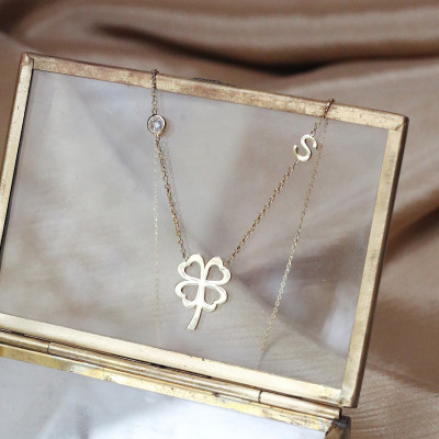 Four Leaf Clover Necklace with Initial Charm, Lucky White Stone Clover, Personalized Gift for Mom,