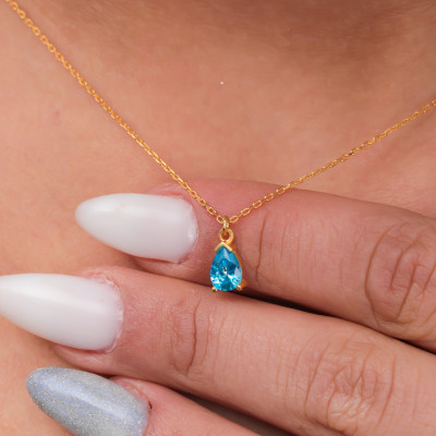 14K Gold Blue Topaz Teardrop Necklace - Dainty 4th Wedding Anniversary Jewelry Gift for Her -