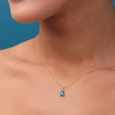 14K Gold Blue Topaz Teardrop Necklace - Dainty 4th Wedding Anniversary Jewelry Gift for Her -